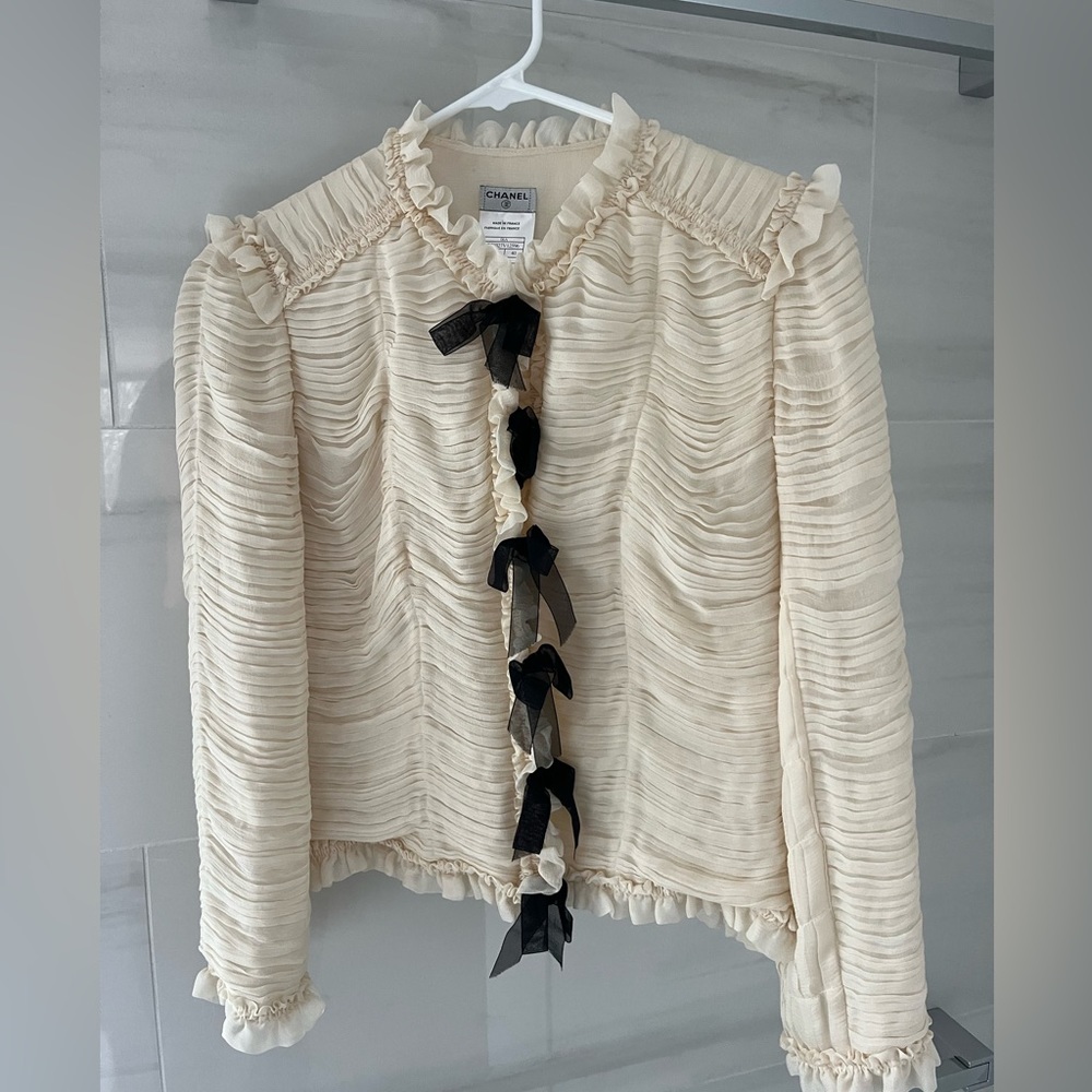 CHANEL Ivory Ribbon Silk Jacket Top EU 40 US 4 6 8